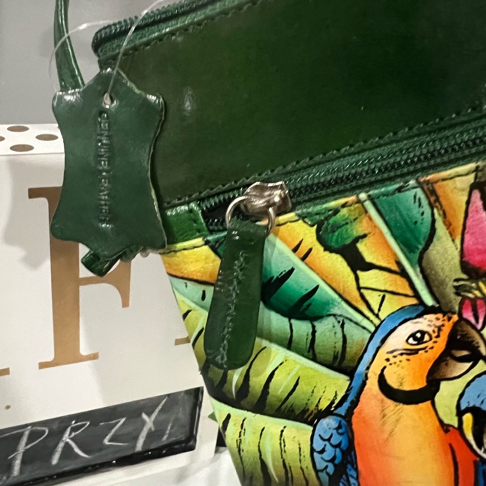 Sukriti Green Macaw Pattern Hand Painted Genuine Leather Crossbody Bag